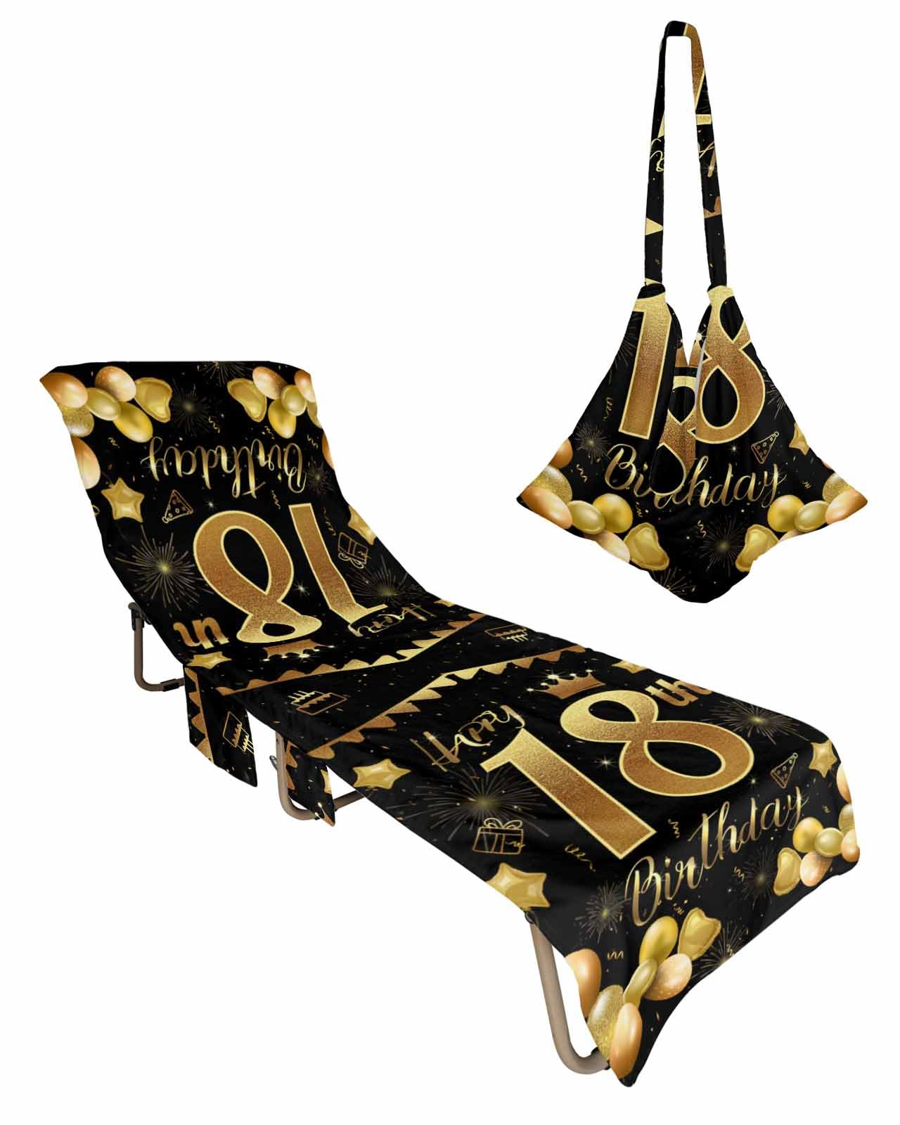 Happy 18th Birthday Beach Lounge Chair Towel Cover, Soft Chaise Lounge Towel with Side Pockets Patio Pool Chairs Cover for Beach/Pool Sunbathing 29x85 Black Golden Balloon Cake Fireworks
