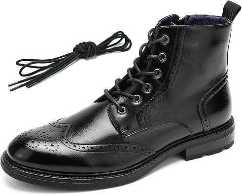Temeshu Mens Wingtip Ankle Boot Side Zip Motorcycle Oxford Boots with shoelaces HH07