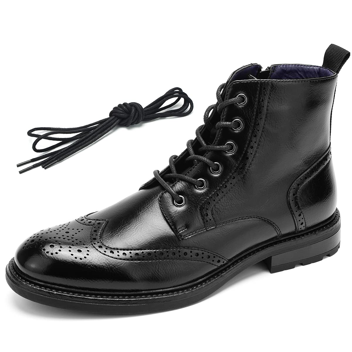 Temeshu Men's Wingtip Ankle Boot Side Zip Motorcycle Oxford Boots (with shoelaces) HH07