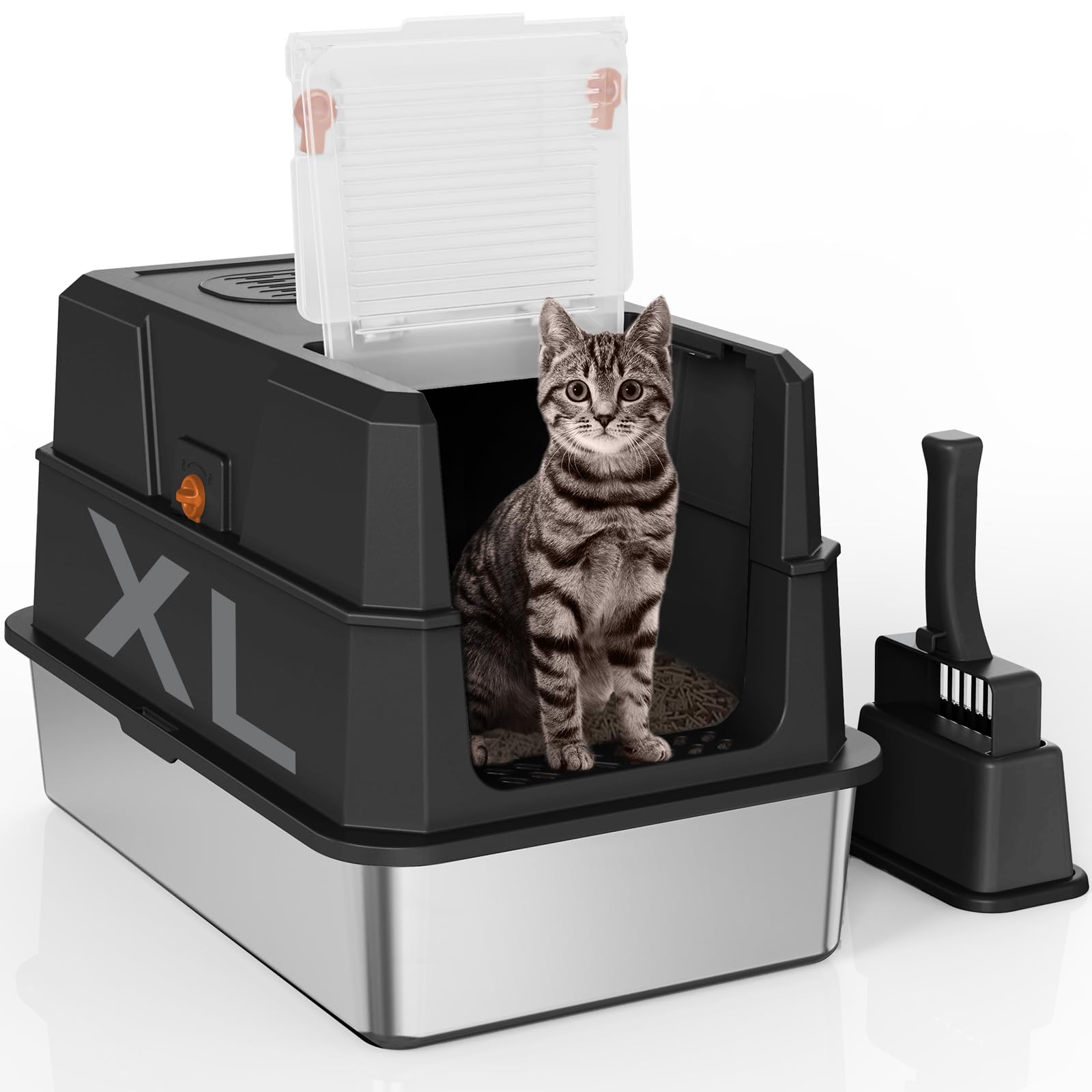 SZEE XL Edelsthal Katzenklo mit 180° Klappdeckel, Geschlossene Katzentoilette Edelstahl mit Deckel, Stainless Steel Cat Litter Box with Scoop-59x38x38cm, Schwarz