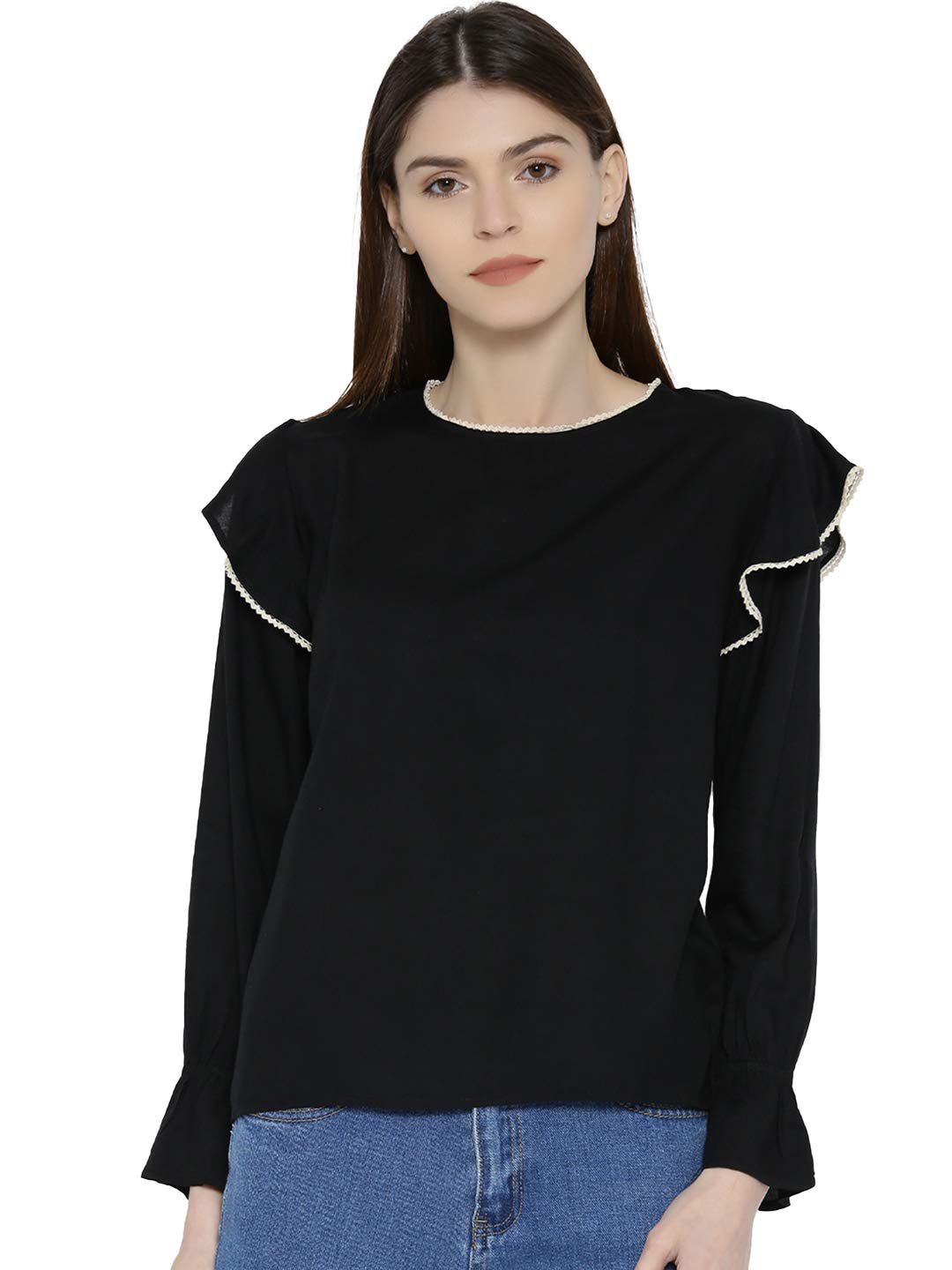 VAAK Women's Rayon Solid Lace Insert Top (Black)