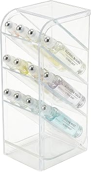 4-Tier Acrylic Rollerball Perfume Organizer, 45 Slanted Perfume Holder, Transparent ScentBird & Travel Size Perfume Sample Storage Case1 pack