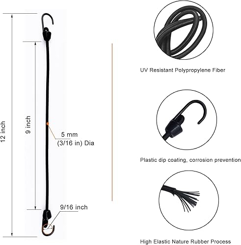 Miniatura 13 de Mini cuerda elástica con ganchos de 6 pulgadas, recubierto de plástico, sin extremo de gancho afilado, 15 piezas