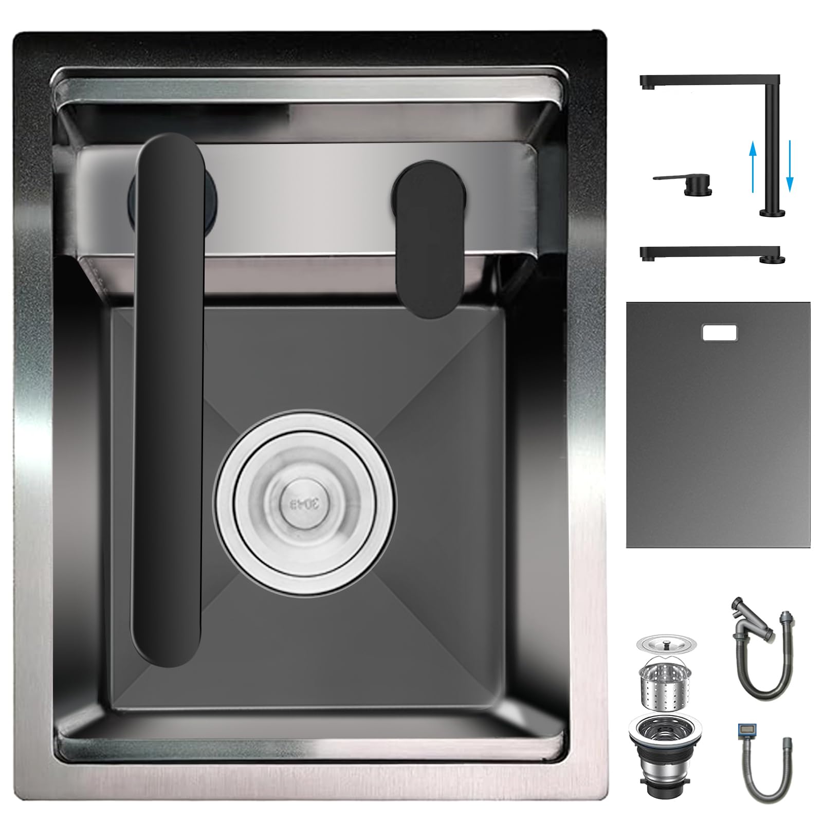 TAXXII Hidden Concealed Kitchen Bar Sink with Folding Faucet, Stainless Steel Undermount Workstation Single Bowl for Small Prep RV (Black, 30x45x22CM)