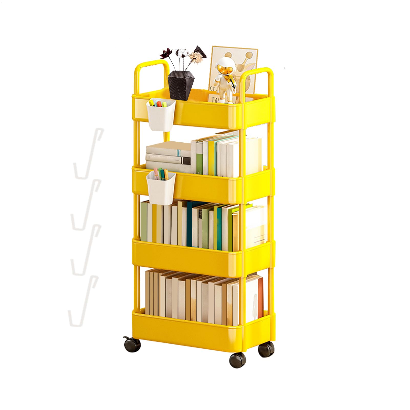Carro Almacenamiento | Organizador Carrito rodante para Libros - Estante 3/4 Niveles con Ruedas y Ganchos, Carrito Almacenamiento, Carrito refrigerios