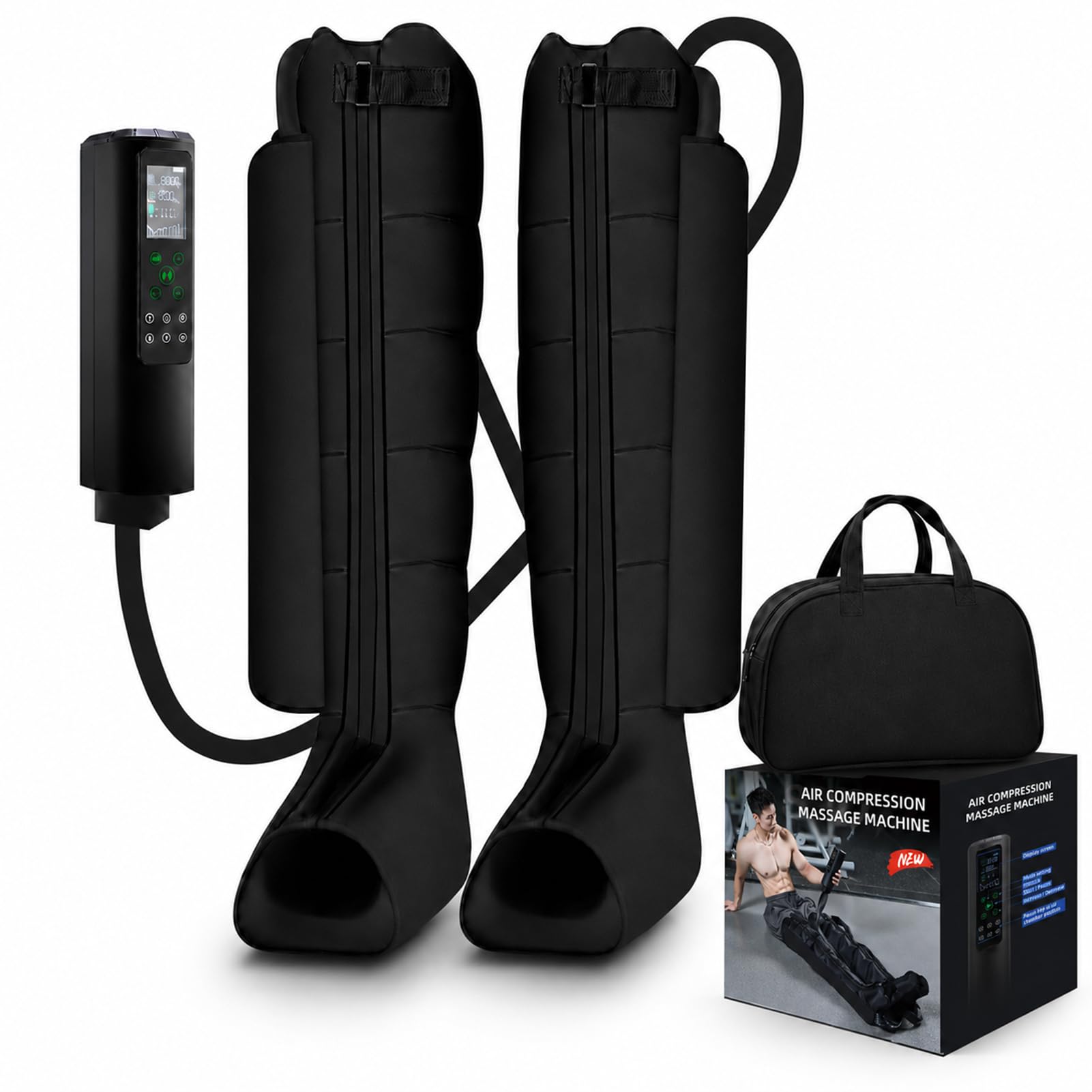 Masajeador de Piernas con Presoterapia,Botas de Compresión Aire Portátil | 6 Cámaras, 12 Modos y 60-270 mmHg Presión para Deportistas, Entrenamiento, Piernas Cansadas y Drenaje Linfático en Casa