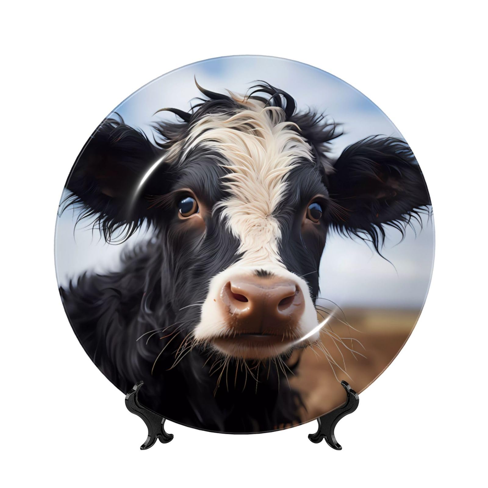 SXZVVBN Cute Cow Bone China Decorative Plate Art with Stand Removable Adhesive Hanging for Home Office 7in
