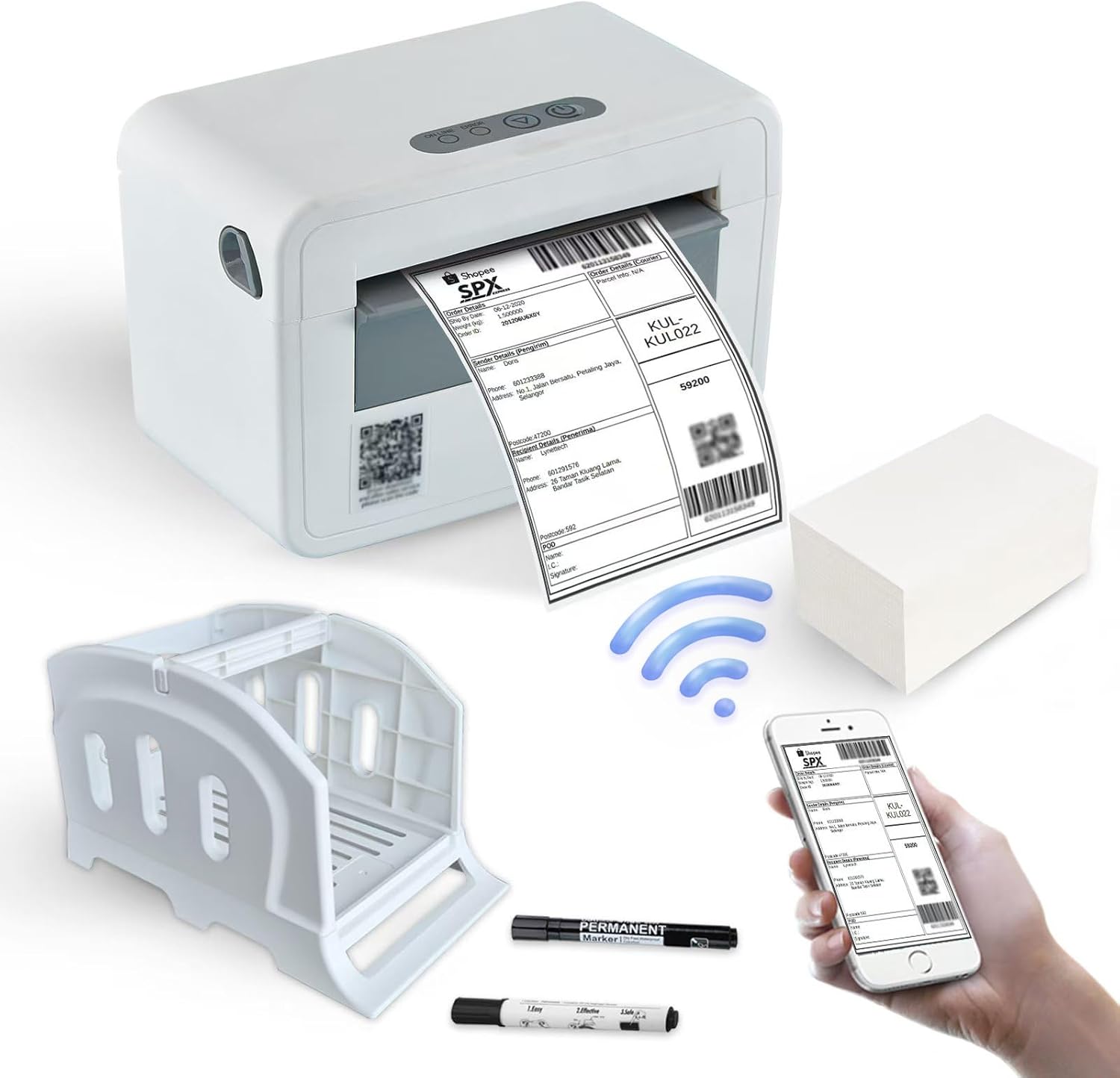 Bluetooth Thermal Shipping Label Printer with Label Holder, 4x6 Thermal Printer for Small Business, Support Android, iPhone, USB for Windows, Mac, Widely Used for Ebay, Amazon, Shopify