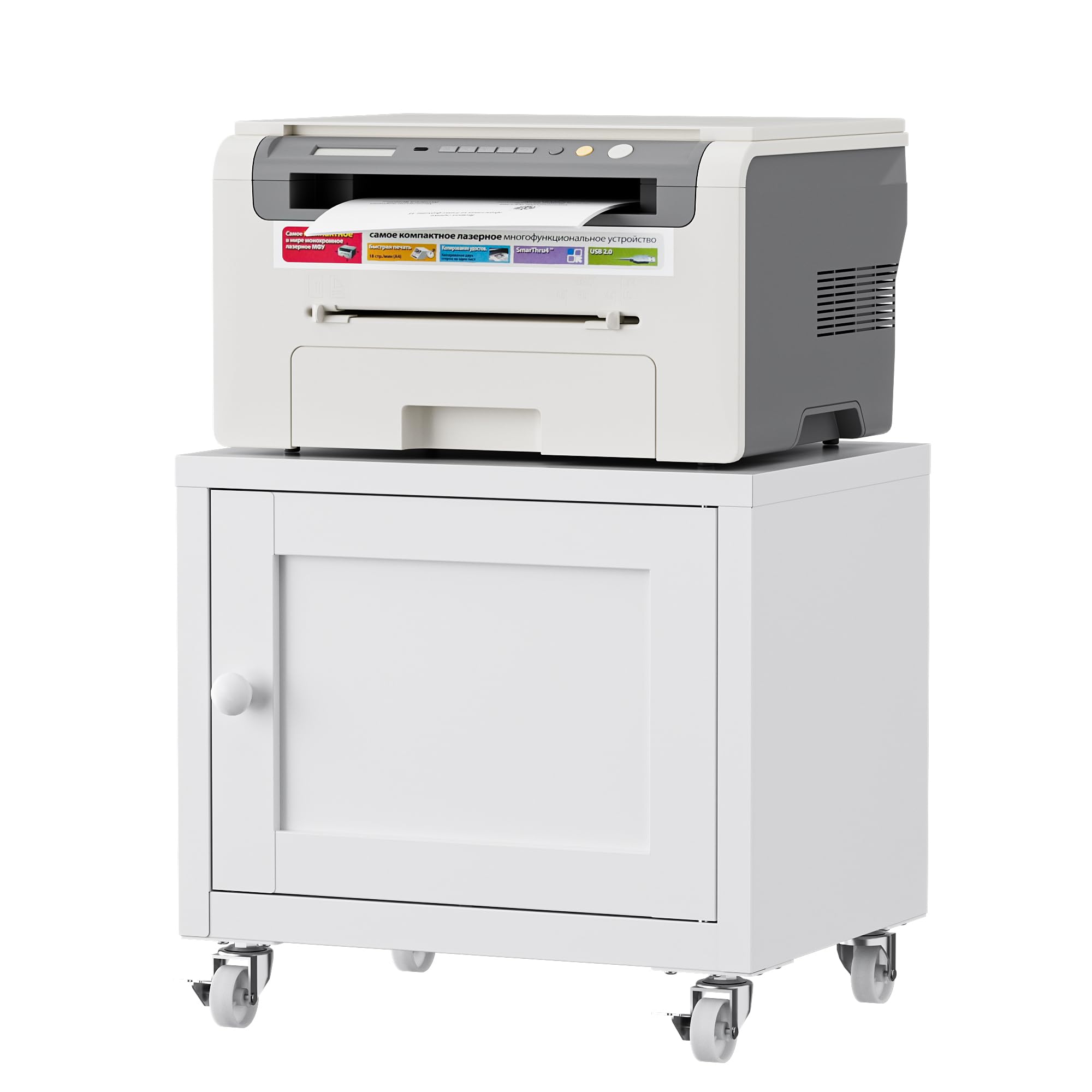 Small Printer Stand with Storage, Home Office Printer Table for Small Spaces, Under-Desk 3D Printer Stand with Wheels, for Office Copier and Fax Machine, White