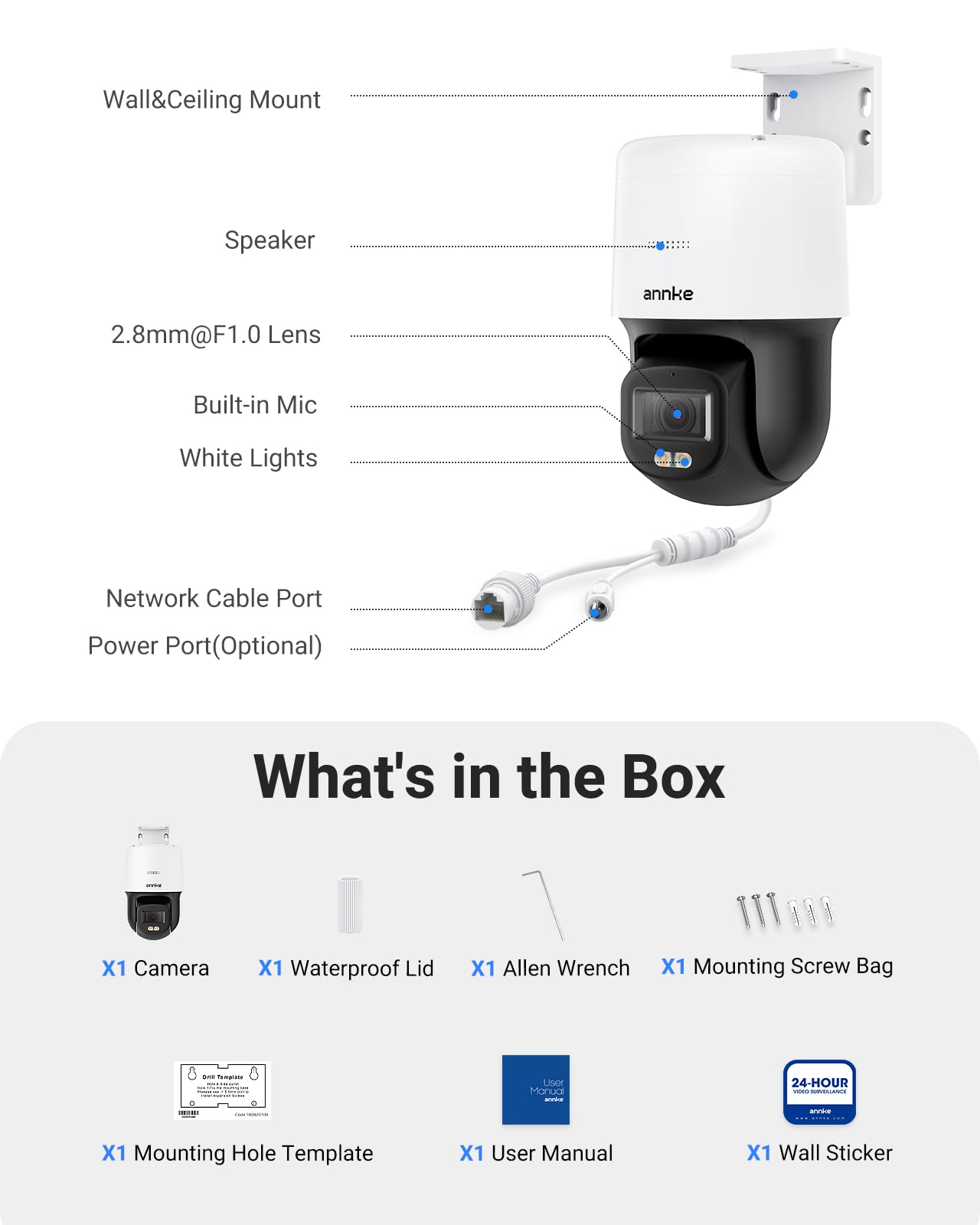 ANNKE Cámara POE CCTV 3K 5MP PT, cámara IP de seguridad para exteriores con visión nocturna a color F1.0, panorámica de 340° inclinación de 110°, audio de 2 vías, alerta de movimiento, acceso remoto