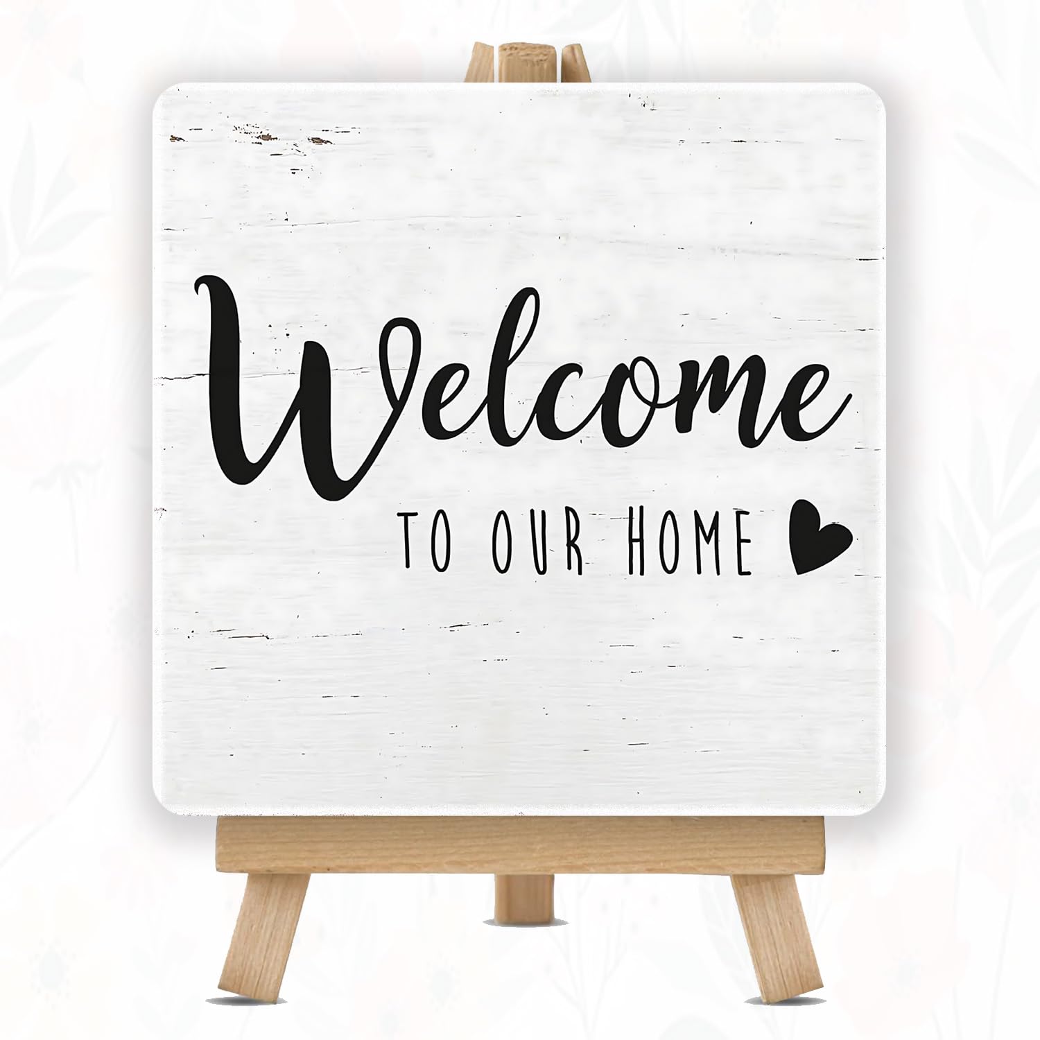 home artistry contemporary wood welcome to our home plaque, 5x5 inch, tabletop square decorative sign with pine wood easel stand for home and office