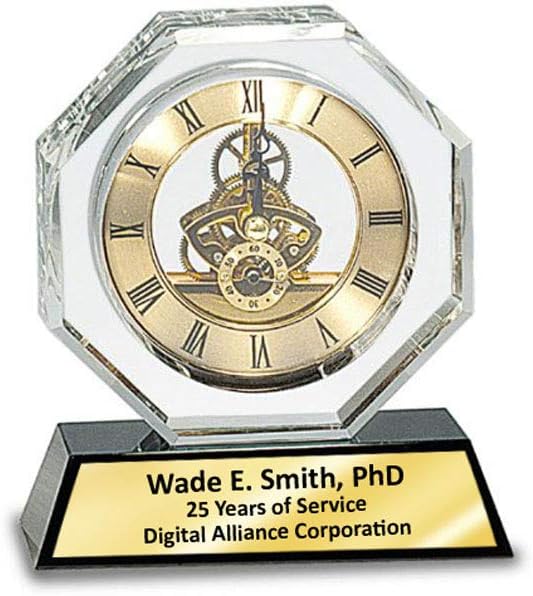 AllGiftFrames Da Vinci Crystal Engraved Clock Black Pedestal Base Personalized Desk Table Clock Employee Recognition Colleague Boss Executive Coworker Anniversary Birthday