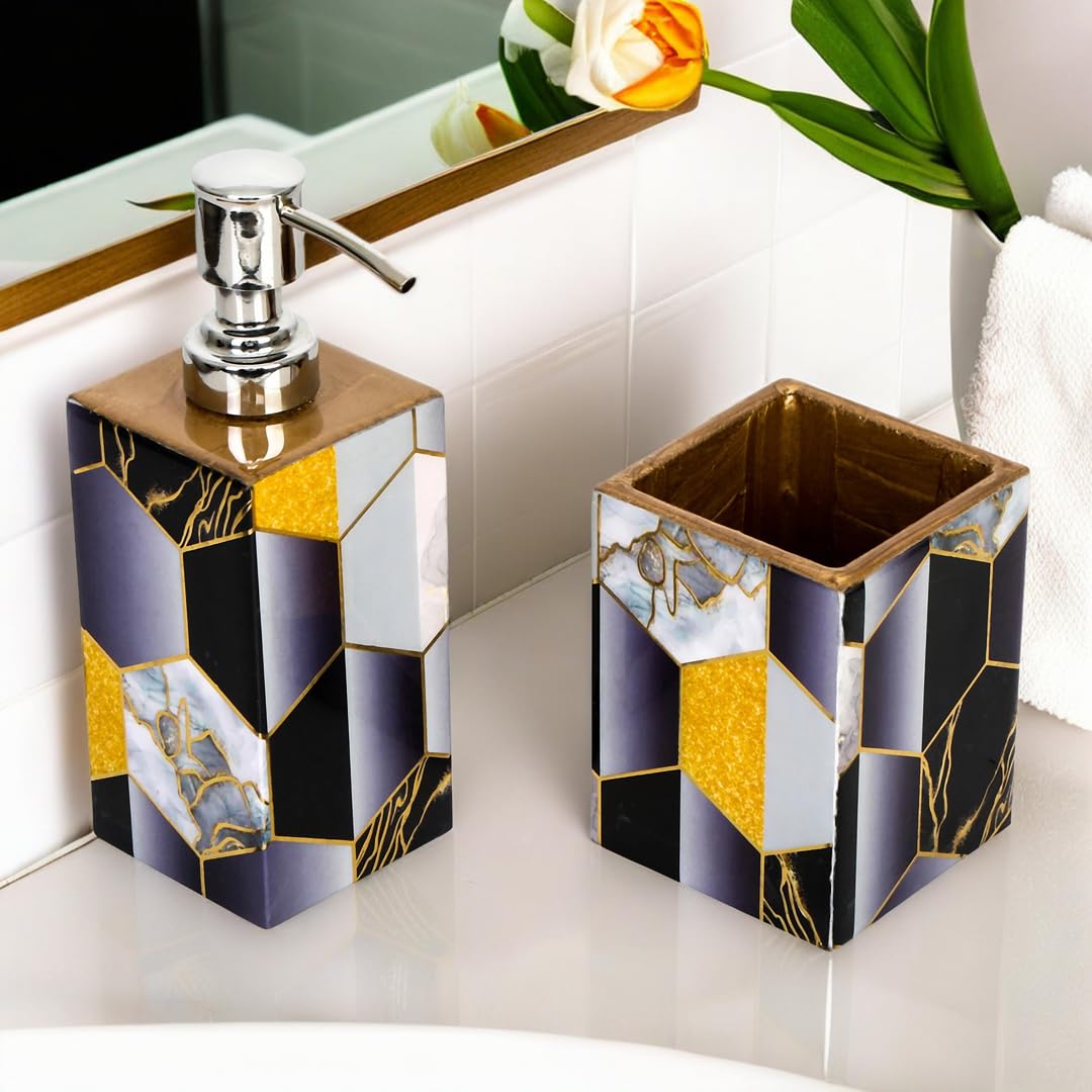 The Home Co. Bathroom Set Set of 2 Black Hexagon Soap Dispenser & Tumbler for Home, Kitchen, Hotel and TravelDispenser - 7" X 7" X 19" Tumbler - 8" X 8" X 10"