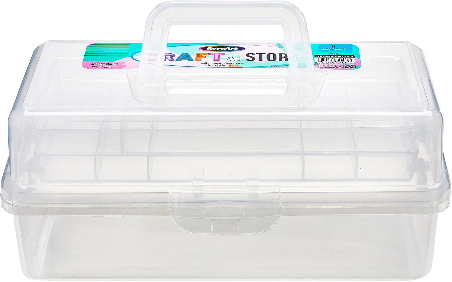 RoseArt Multi-Layer Plastic Dividing Craft Storage Box - Portable Handled Art Supply Organizer, Utility, Tool, Medicine, Craft Box Clear - Made in U.S.A