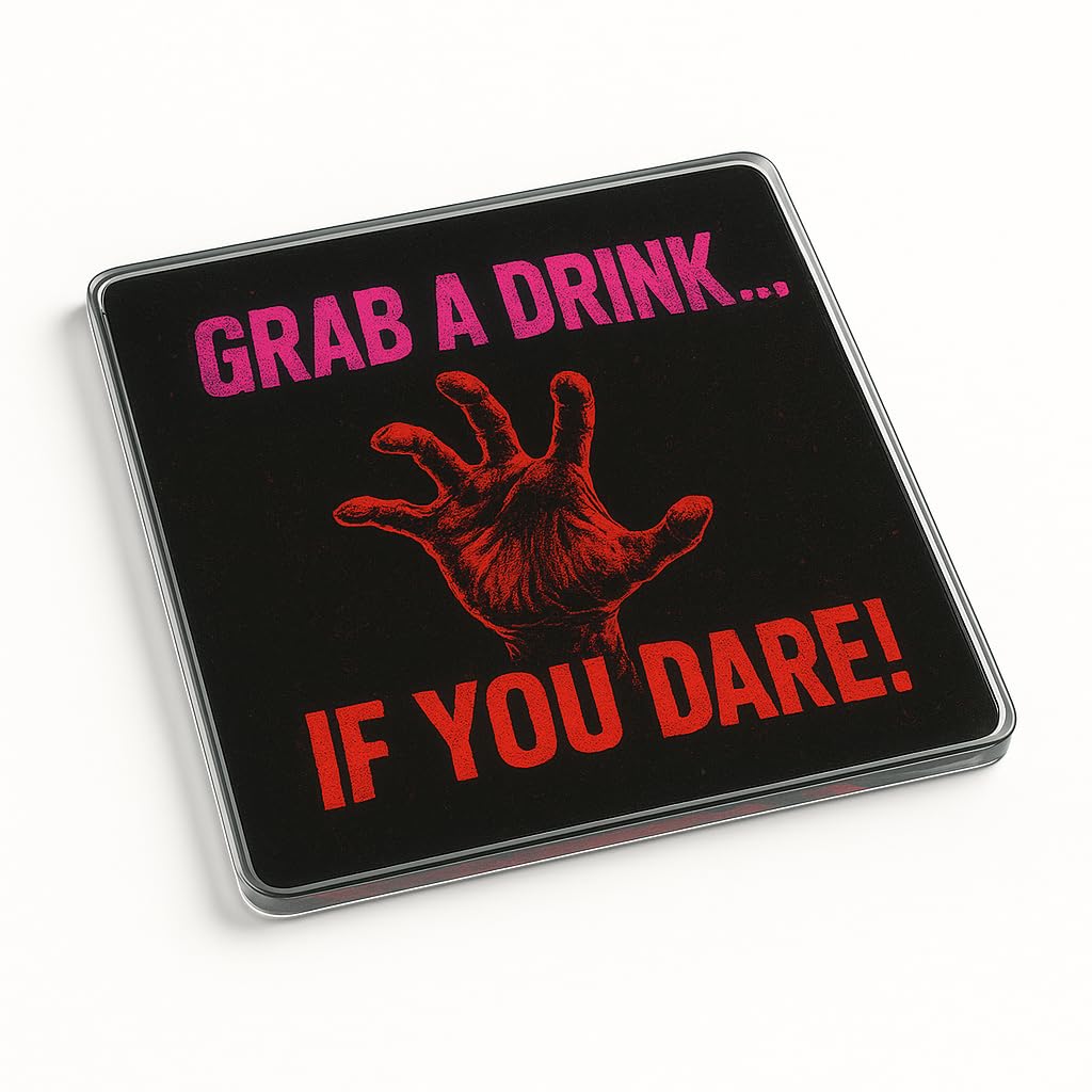 Acrylic Coaster Gift for Halloween - Retro Horror Movie Design with Zombie Hand and Neon Text