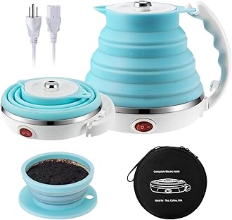 Portable Travel Coffee Maker Kit, Foldable Electric Kettle with Collapsible Coffee Dripper, 555ML 110V&220V Dual Voltage, Paperless Reusable Pour Over Coffee Filter, Ideal for Camping,Travel,Camper/RV