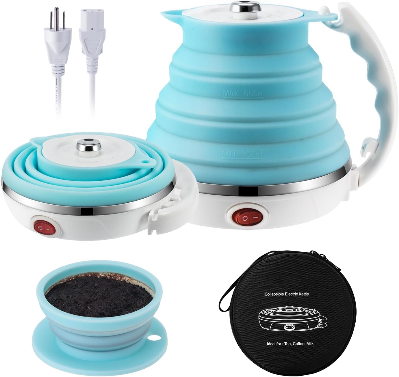 Portable Travel Coffee Maker Kit, Foldable Electric Kettle with Collapsible Coffee Dripper, 555ML 110V&220V Dual Voltage, Paperless Reusable Pour Over Coffee Filter, Ideal for Camping,Travel,Camper/RV