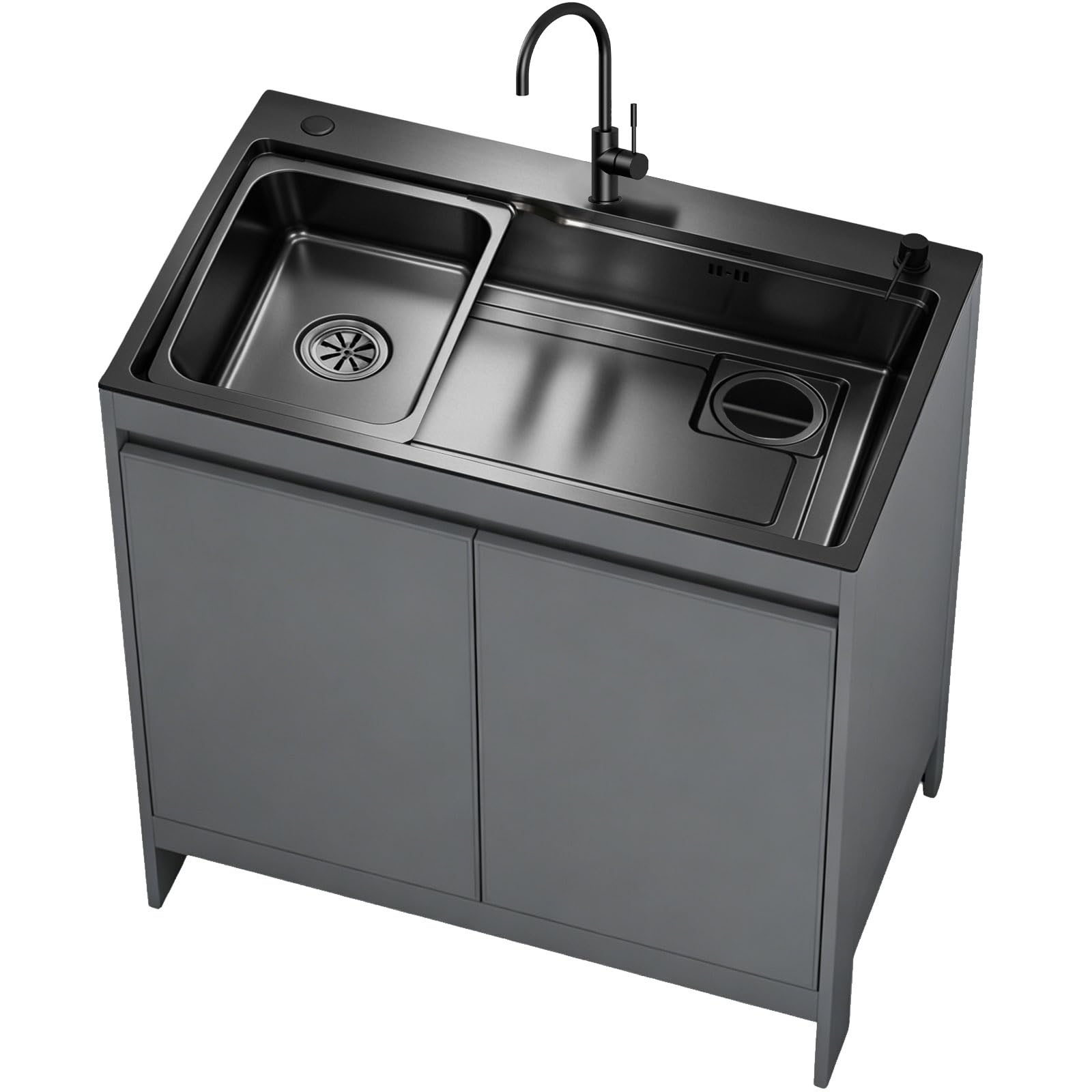 Mueble Fregadero Lavadero, Armario de Aluminio de Nido de Abeja Impermeable con Fregadero de Acero Inoxidable Negro Nano, Lavadero Portante Exterior/Interior con Grifo Cuello de Cisne, Blanco/Gris