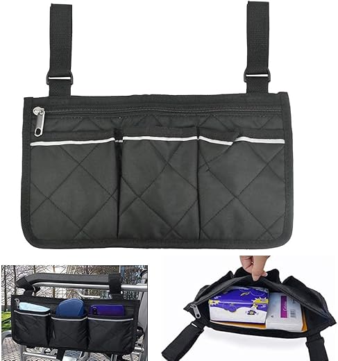 QUCUMER Rollstuhltasche für Armlehne Tasche Rollstuhl Groß mit 3 Fächern & Reflektierenden Aufbewahrungstasche für Rollstühle Hinten Wasserdichte Rollstuhl Seitlich für Rollstühle Hängegriff