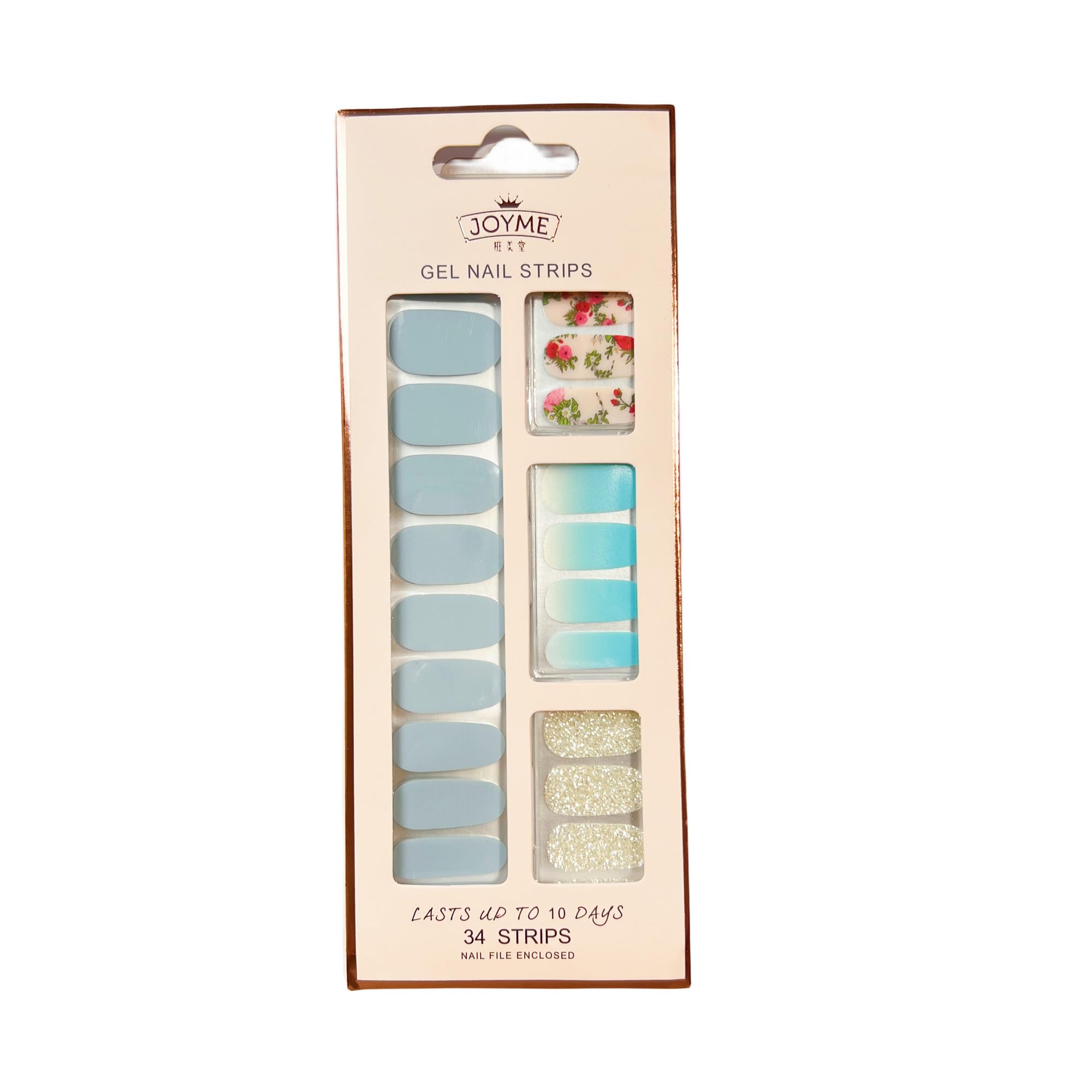 34pcs Gloss Nail Strips, UV-Free Nail Stickers, Nail Polish Strips Gradient Full Nail Wraps, Self-Adhesive Glitter Nail DIY, 12 Sizes with Cuticle Stick and Nail File