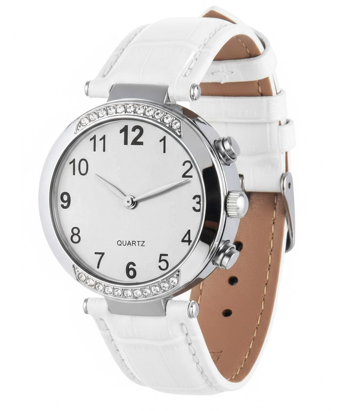 Reloj Parlante para Mujer con Voz Francesa Femenina, Hora y Fecha Parlantes Reloj de Cuarzo Correa de Cuero para Personas con Discapacidad Visual, Seniors, Blanco