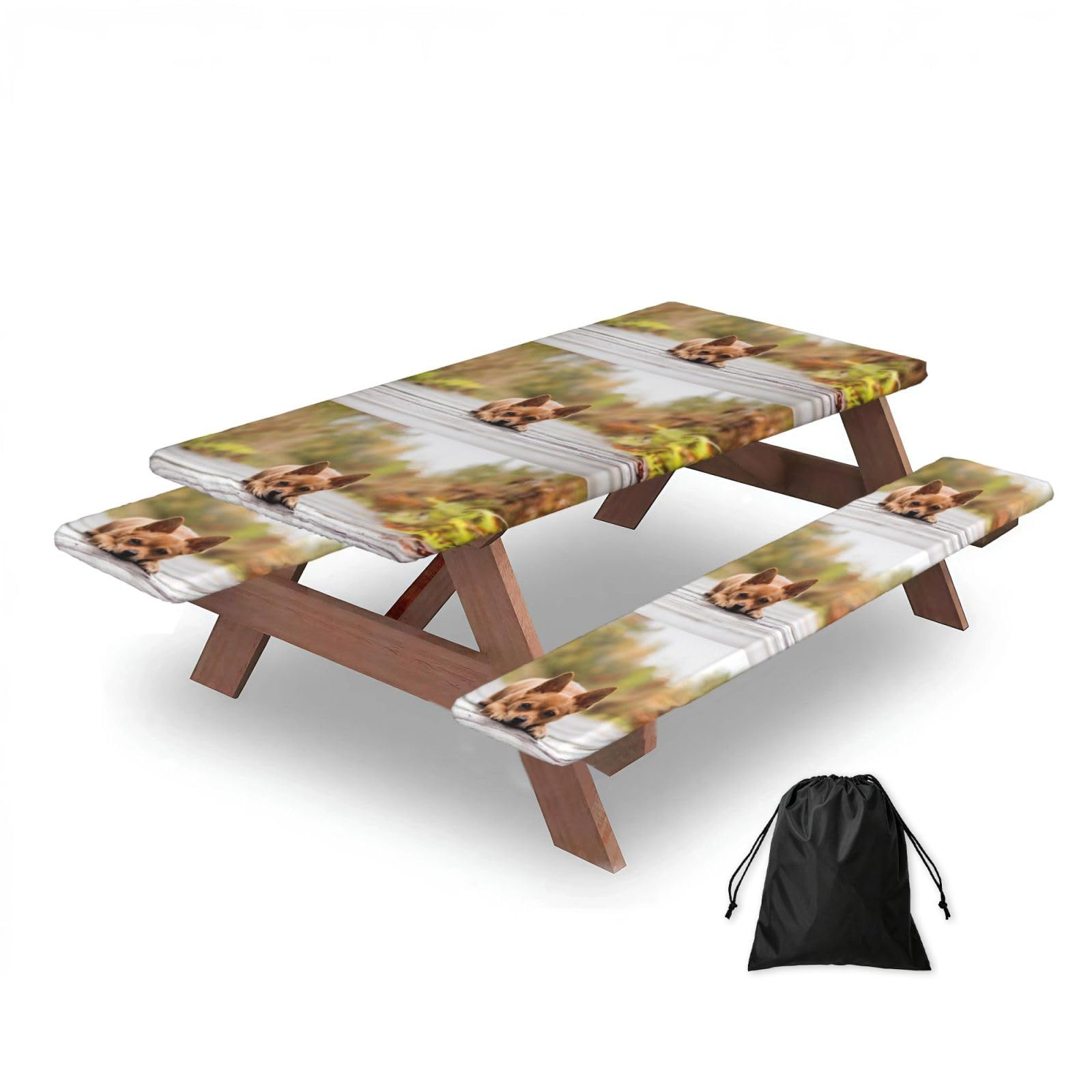 Dopklna As Picture Chihuahua Dog, Picnic Table Cover With Bench Covers -Waterproof Elastic Fitted Tablecloth For Garden Camping Patio 76X152cm