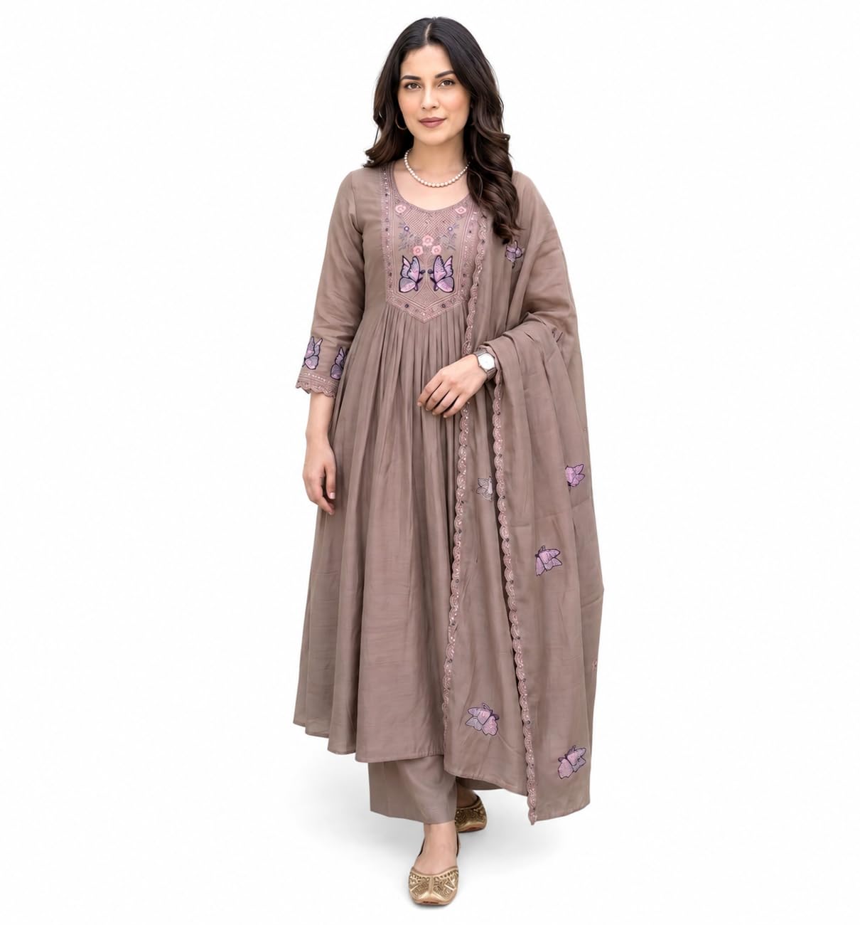 NAZARIA Women’s Taupe Embroidered Anarkali Kurta Pant Set with Dupatta | Butterfly Embroidery Flared Kurta Set | Ethnic Traditional 3 Piece Suit Set for Festive, Party-picture-24