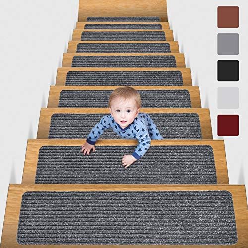 MBIGM 8" X 30" (15 in Pack) Non-Slip Carpet Stair Treads Non-Skid Safety Rug Slip Resistant Indoor Runner for Kids Elders and Pets with Reusable Adhesive, Grey