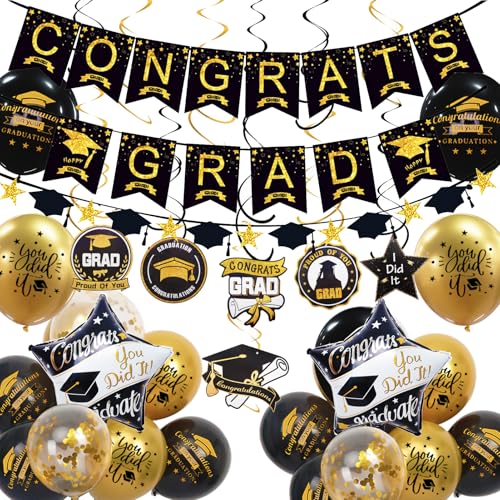 Graduation Decorations Class of 2025, 12Pcs Black and Gold balloons with Swirl and Garland Congrats Grad 2025 Banner for College High School Graduation Party Supplies