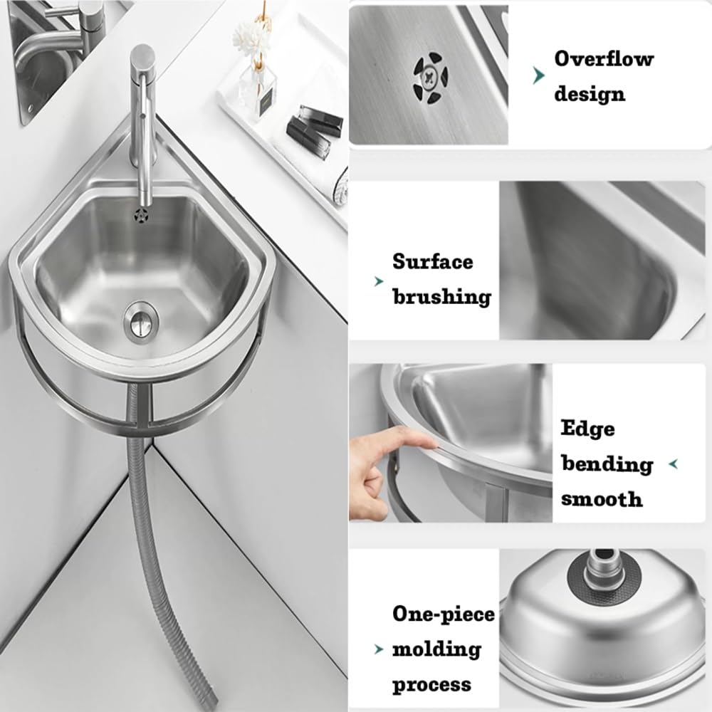 Lavello angolare da parete per bagno, 455x390 mm Lavabo da cucina Vasca Singola con Troppopieno Lavabo In Acciaio Inossidabile Lavamani per Ristorante