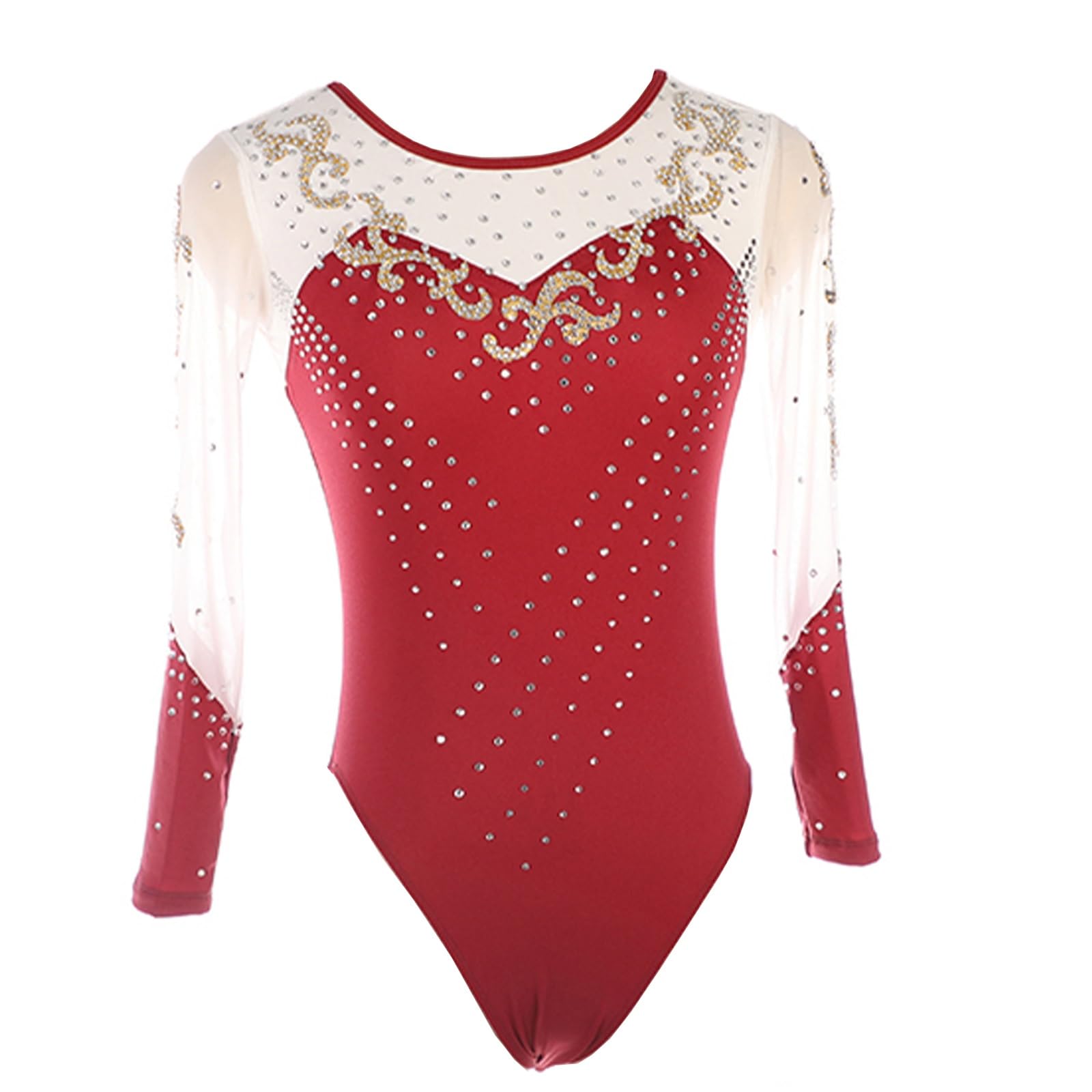 Maillot de gimnasia rítmica for mujer, estampado transparente, manga larga, for niñas, con diamantes de imitación brillantes