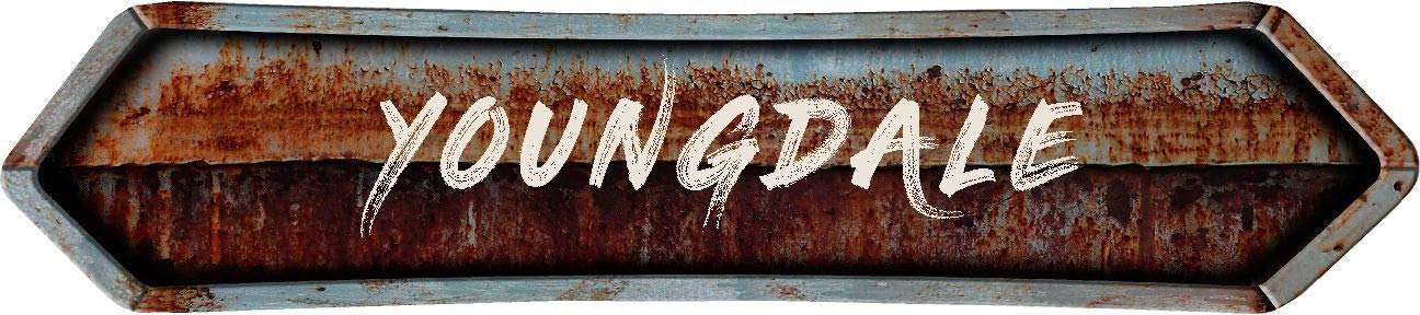 ANY AND ALL GRAPHICSYOUNGDALE City 4"x18" Brush Stroke Painted Lettering Rusty Double Point Antique Vintage Rustic Look Composite Aluminum Decor Sign