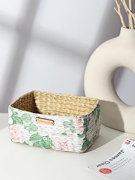 Habere India-All The Cultures Fabricating India Desk Organiser | Table Organiser | Office Desk Organizer | Stationary Organizers Box | Jute Table Basket - Rectangular; Design10 (L:22Xw:16Xh:9 cm) - image, photos