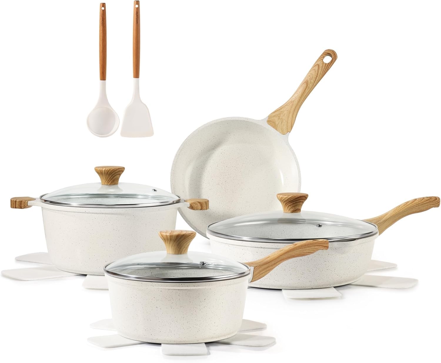 SENSARTE Zestaw patelni, 13-częściowy zestaw białych patelni, zdrowy zestaw garnków i patelni, nieprzywierające ceramiczne naczynia kuchenne z uchwytami odpornymi na wysokie temperatury, zestaw
