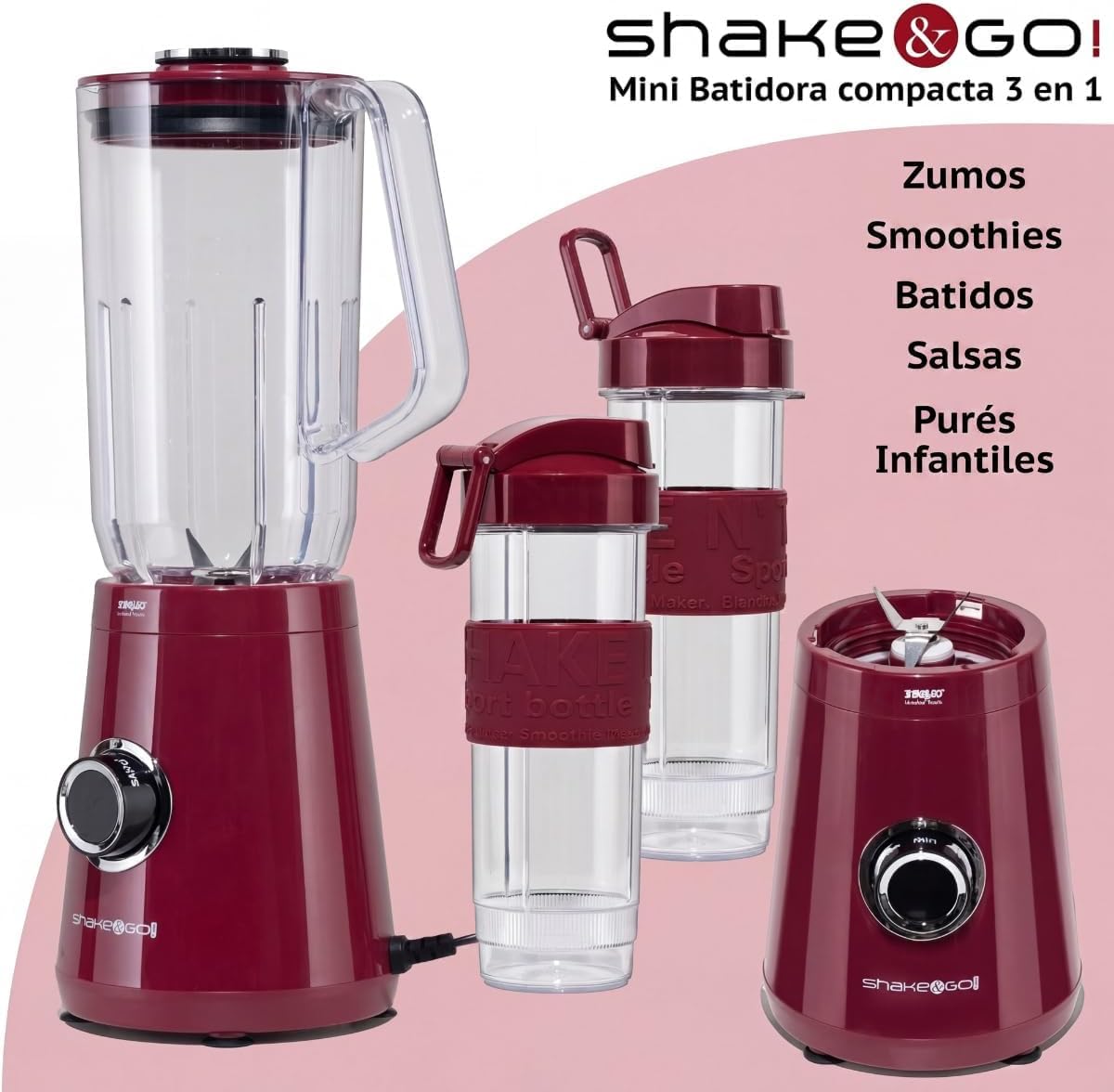 Batidora Licuadora de Vaso Pequeña Portatil para Smoothies Batidos Frutas Zumos 1L con 2 Vasos Batidores Smoothie Maker Lavable Lavavajillas Antideslizante Uso Diario 3 en 1 – XsQuo
