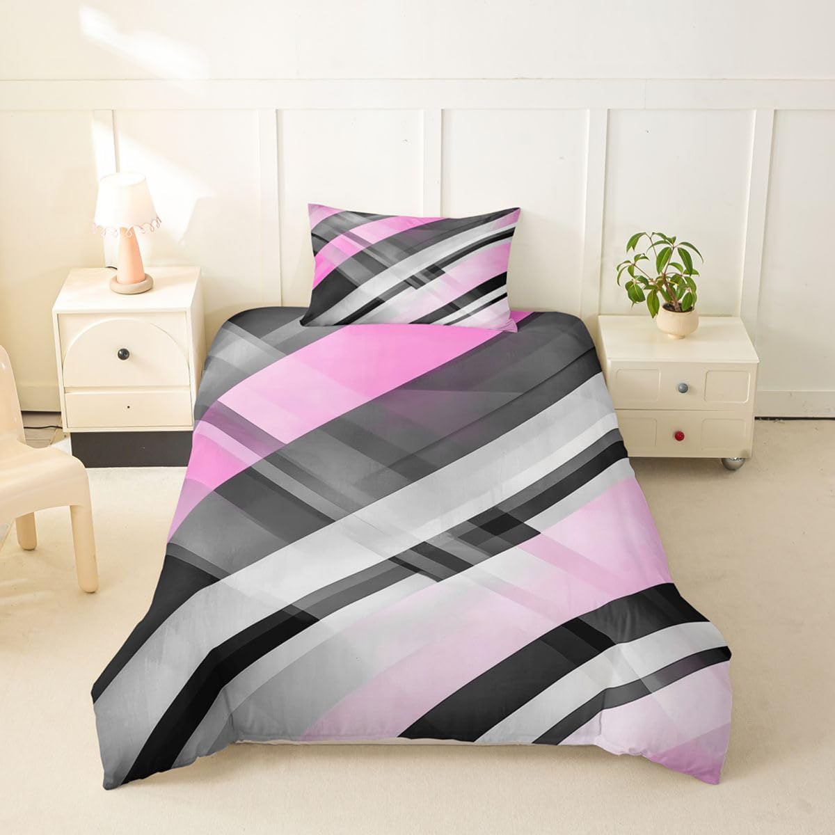 jejeloiu Pink Black Duvet Cover Toddler Size Modern Abstract Stripe Bedding Set for Boys Girls Geometric Stripe Comforter Cover Bedroom Decor 2Pcs