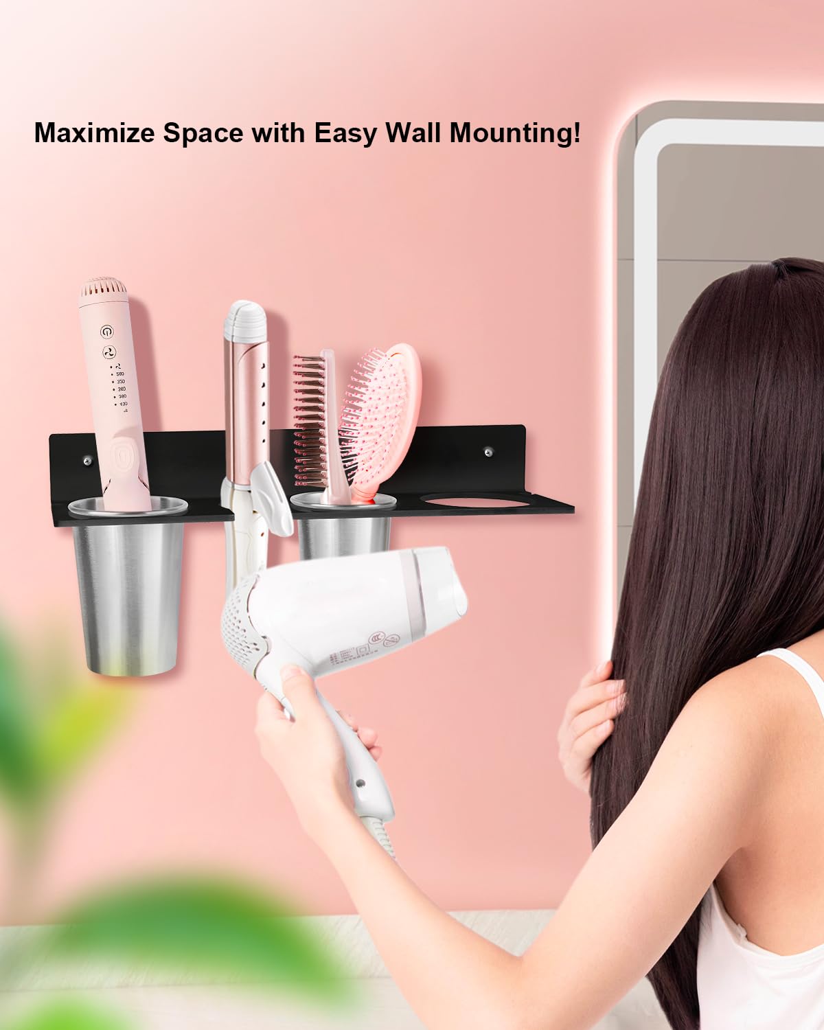 Organizzatore per strumenti per capelli, porta asciugacapelli con tazze in acciaio resistenti al calore, organizzatore acrilico per bigodini, ferri da stiro e spazzola per capelli, perfetto per il