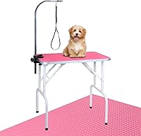 LEIBOU 32" Foldable Dog Grooming Table Pink - Heavy Duty Iron Frame, Adjustable Arm & Noose for Safe Pet Grooming