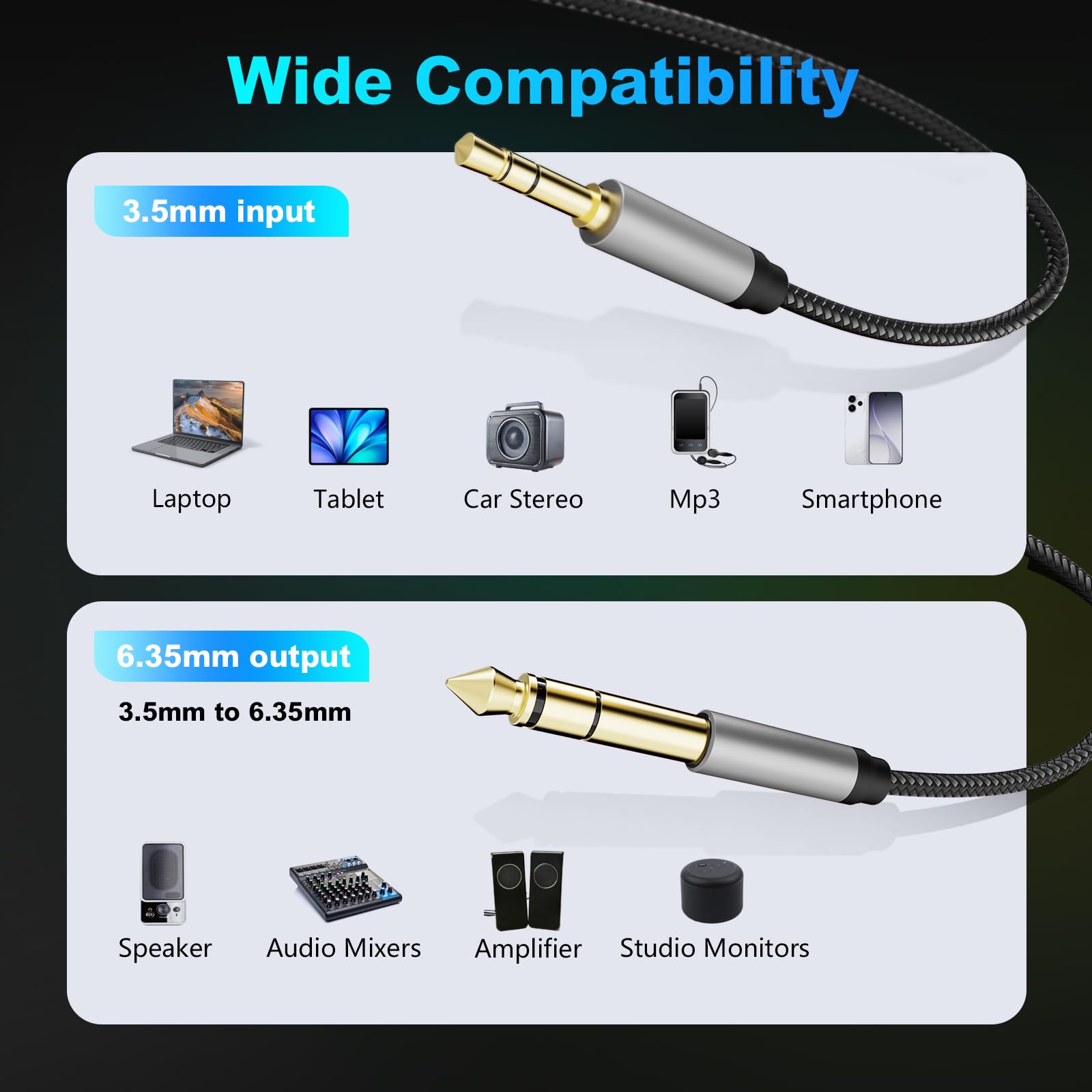 Cavo audio da 3,5 mm a 6,35 mm, 1,8 m, terminale placcato oro, alloggiamento in lega di zinco, da maschio TRS da 3,5 mm a 6,35 mm maschio TRS da 6,35 mm, in nylon intrecciato, cavo audio stereo per