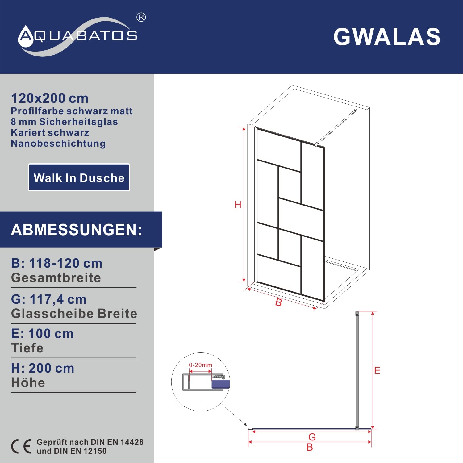 Duschwand Glas Duschabtrennung 120 x 200 cm Echtglas 8 mm Dekor Kariert Duschtrennwand Duschglaswand Glaswand Walk in Dusche Glastrennwand Nano Beschichtung Wandprofil schwarz matt 90° Stabilisator