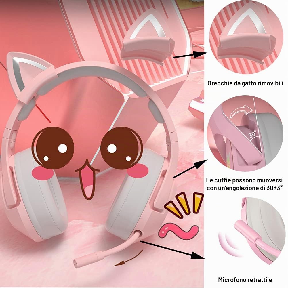Cuffie Da Gioco Gaming Rosa con Orecchie di Gatto USB Cablate | Auricolari Gaming headset con Microfono, Suono Surround 7.1, Riduzione del Rumore, Luce LED, Cat Ear, Per Adulti Ragazze PC