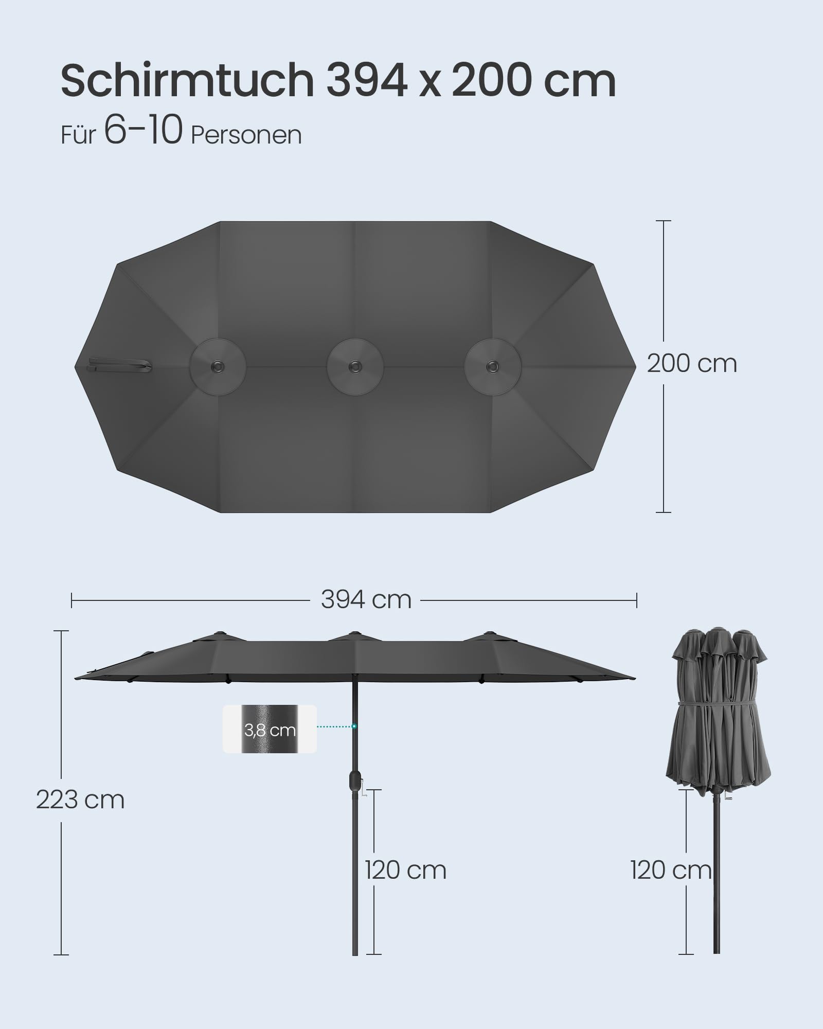 SONGMICS Doppelsonnenschirm 394 x 200 cm, extra großer Sonnenschirm, Gartenschirm, UV-Schutz bis UPF 50+, Terrassenschirm, mit Kurbel, Garten, Balkon, Outdoor, ohne Ständer, schiefergrau GPU037G01