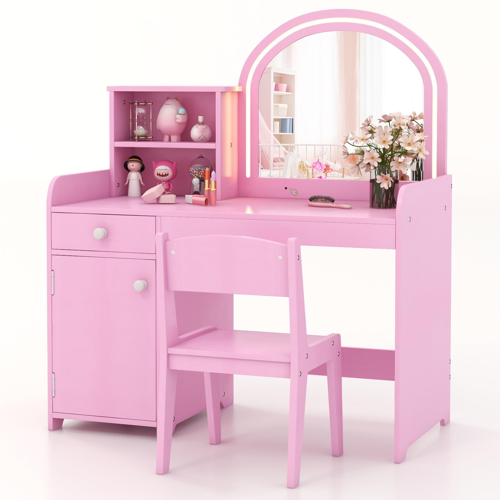 LIFEZEAL 2 in 1 Schminktisch Set für Kinder, Kinderschminktisch mit LED-Spiegel & Hocker, Frisiertisch Holz mit Schublade & Regal, Kosmetiktisch Set für Mädchen ab 3 Jahre (Rosa)
