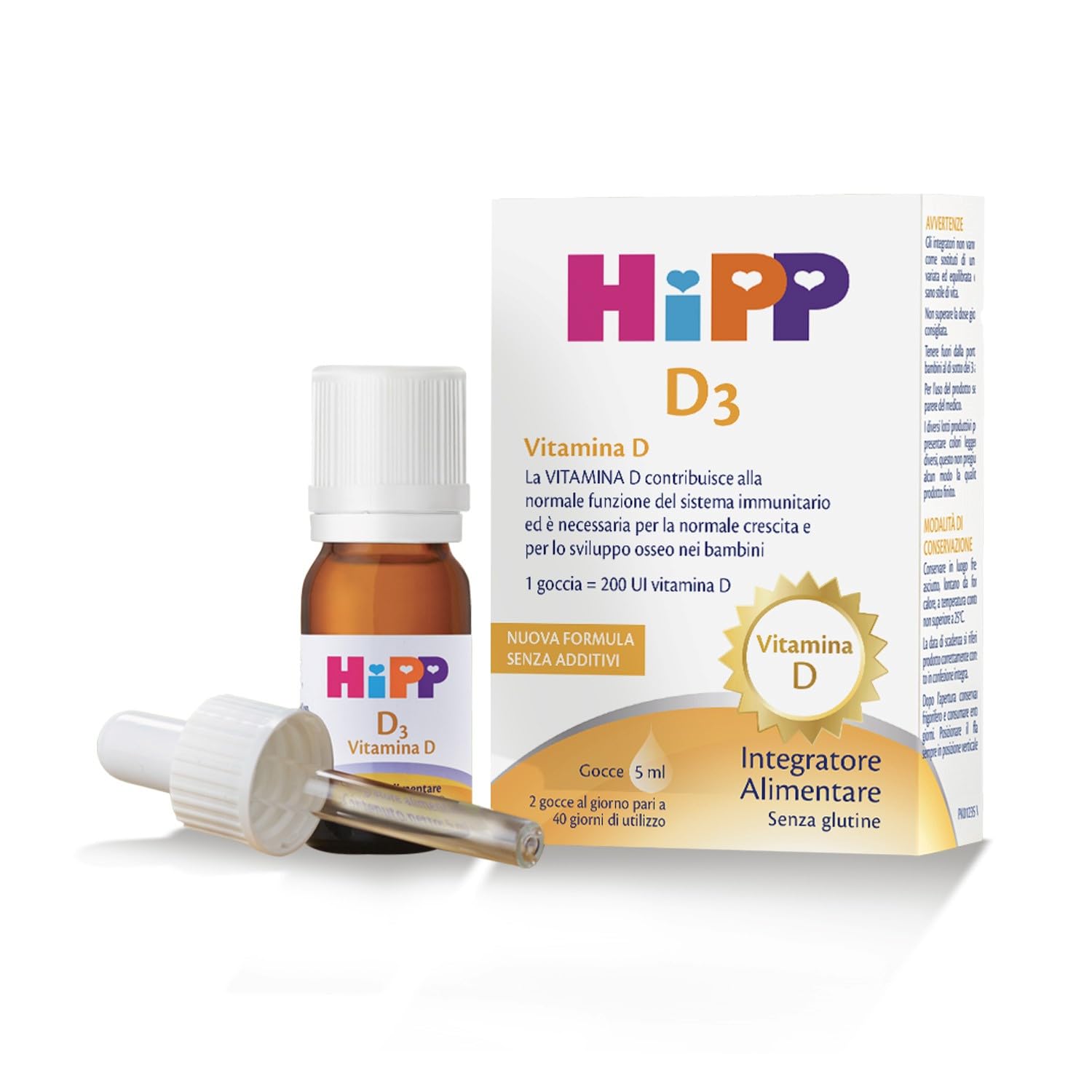 HiPP- HiPP D3, Vitamina D3, Integratore Alimentare, Bambini, in Gocce, Flacone 5 ml, con Pratica Pipetta Contagocce, Senza Glutine, Senza Additivi