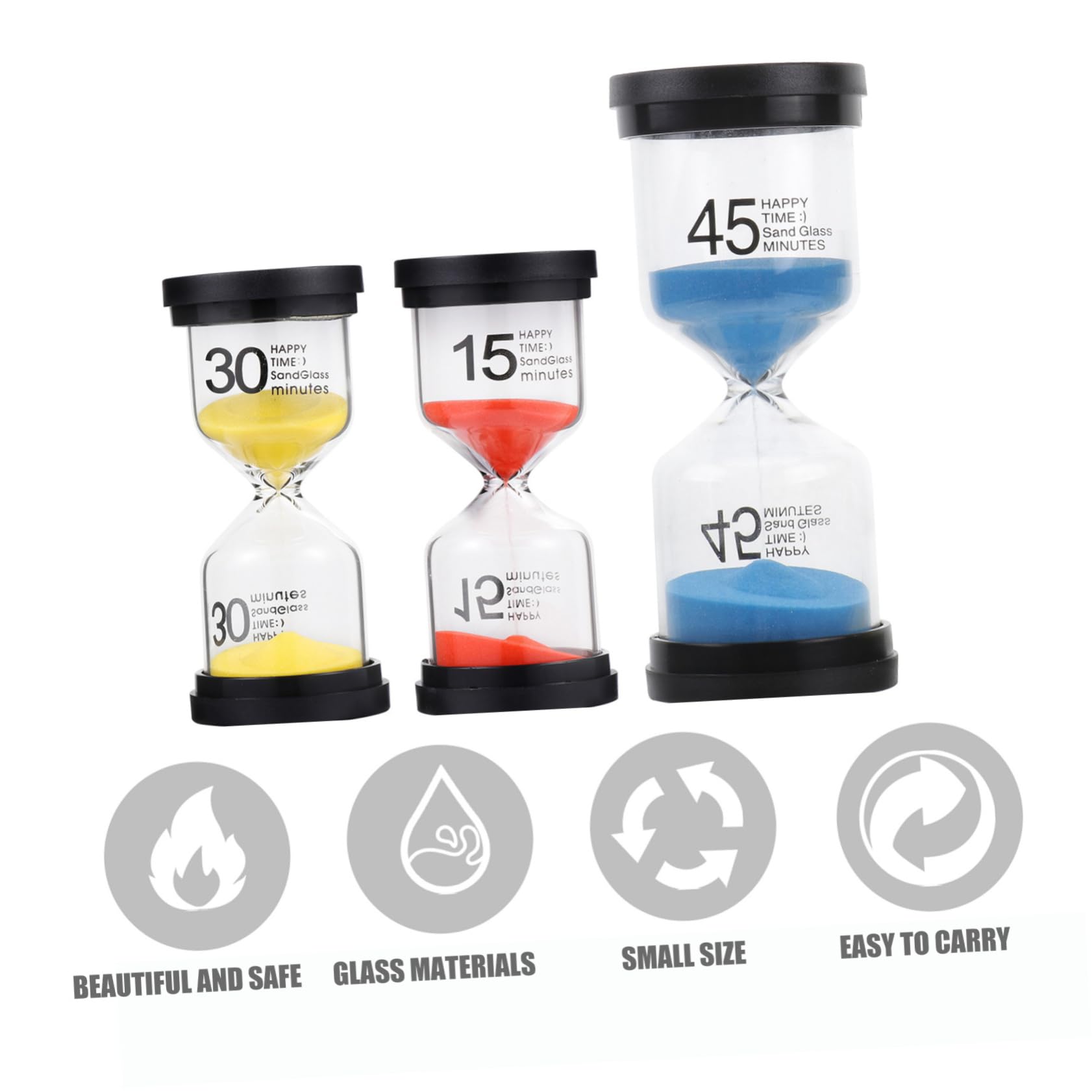 Reloj de Arena 3 Piezas de Escritorio de Vidrio y Plástico para Interiores | Temporizador de Mesa, Juego Infantil, Decoración del Hogar, Uso Diario, Artículo