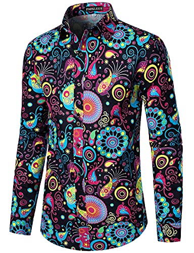 Men's Cotton Linen-Like 70s Disco Retro Traditional Pattern Printed Long Sleeve Button Down Shirt2