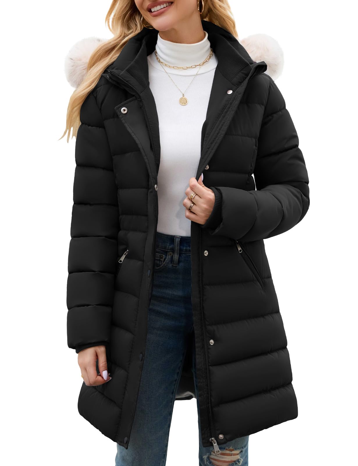 Women's Winter Thicken Fleece Lined Puffer Coat Mid-Length Down Jacket with Removable Faux Fur Hood, Warm Snow Parka