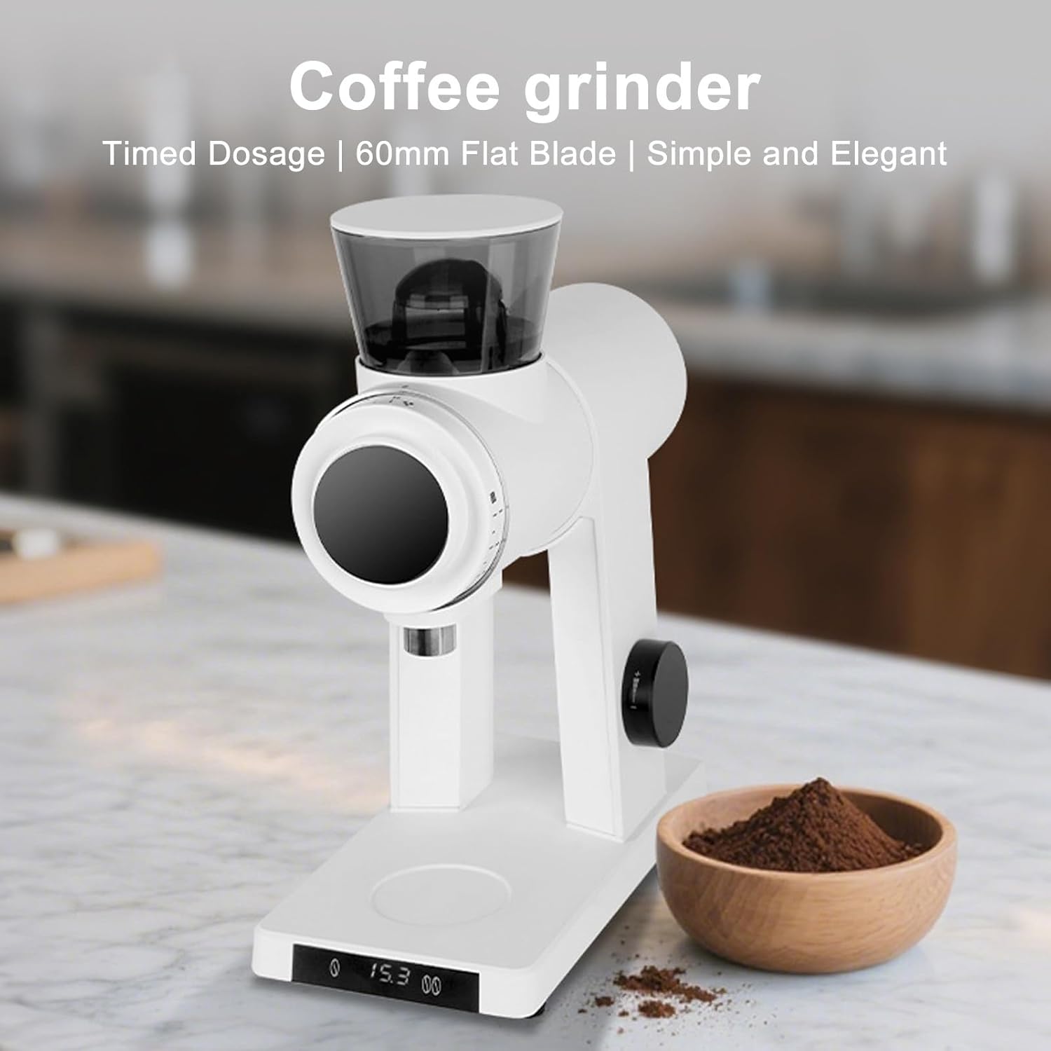 300W Automatic Coffee Grinder with Control Display, 60mm Flat Stainless Steel Knife, 16 Levels of Fineness Adjustable, Aluminum Alloy