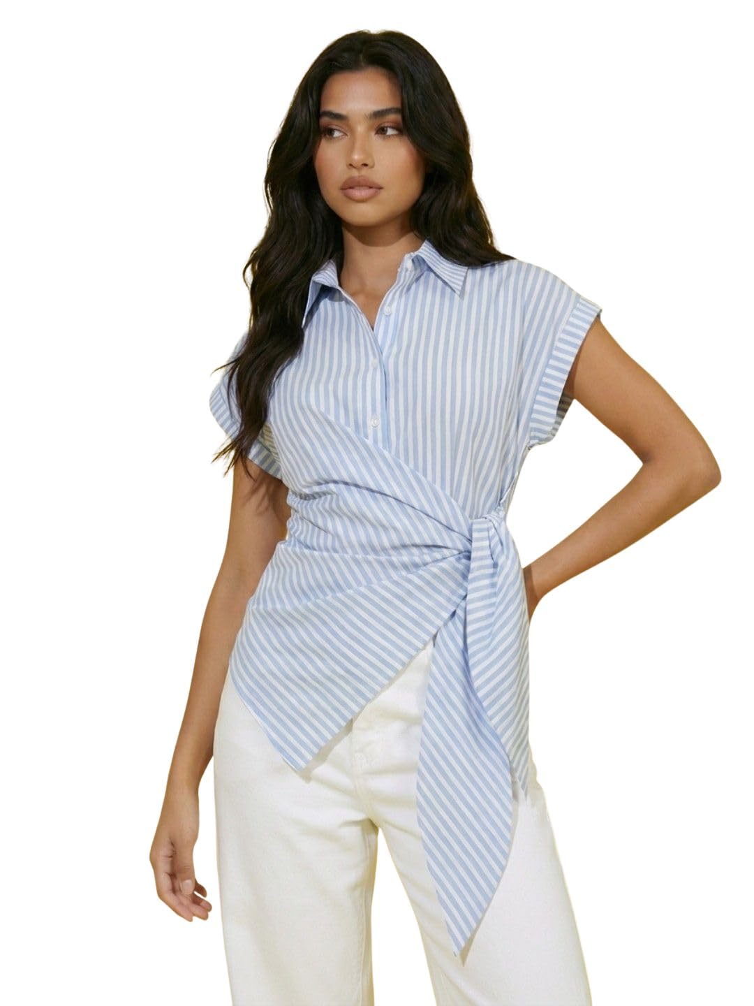 dimpy garments Striped Women Wrap Style Cotton Shirt Drop Shoulder Casual Wear-picture-30