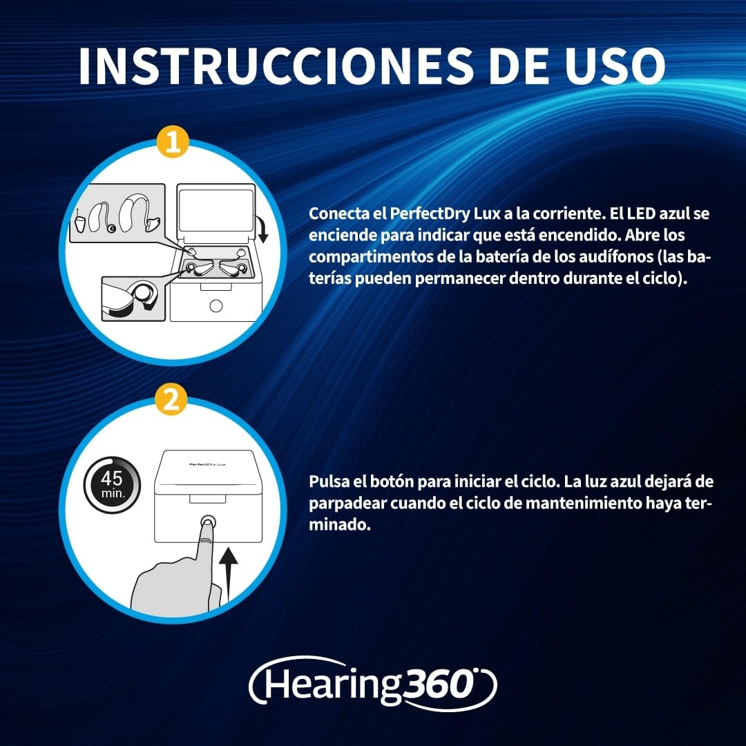Hearing360 PerfeT DRY LUX Estación de limpieza UV, deshumidificación y secado para audífonos sin baterías internas, sistema de aire caliente pulsante con luz indicadora automática LED